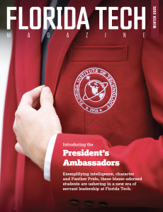 Cover of the winter 2025 Florida Tech Magazine, featuring a close-up photo of a President's Ambassador's crimson blazer