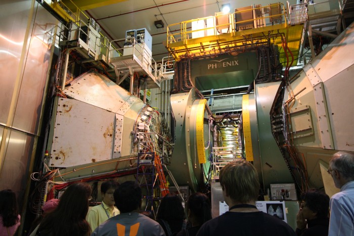 The PHENIX detector at RHIC. A huge section of the wall was removed for us to be able to see inside; normally the detector is completed sealed off.