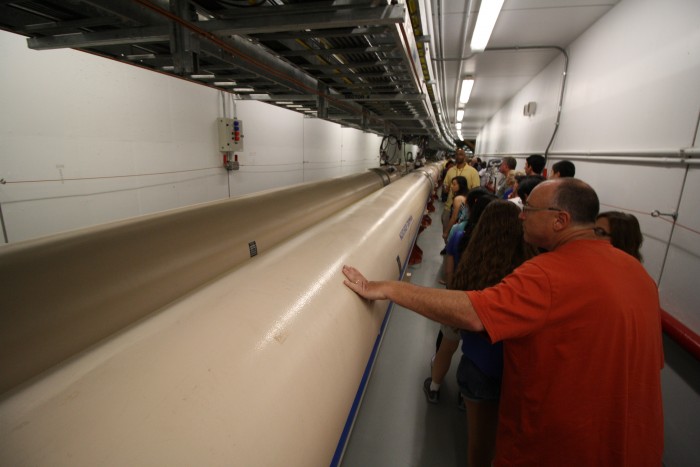 The pipes of RHIC where the beam of particles would be traveling, in opposite directions, before reaching a collision point at one of the detectors.