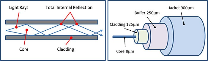 The left shows total internal reflection, which happens because the material the cladding is made of (show on the right) has a lower index of refraction than the core.