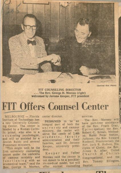 Newspaper article about  Jerry Keuper and Father George Moreau announcing the formation of Campus Counseling Center October 1974. 
