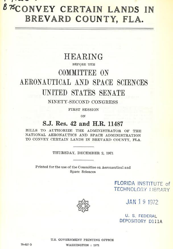 Photo of document for the  Senate Hearing before the committee on Aeronautical and Space Sciences on S.J. 42 and H.R. 11487 (December 2, 1971) 