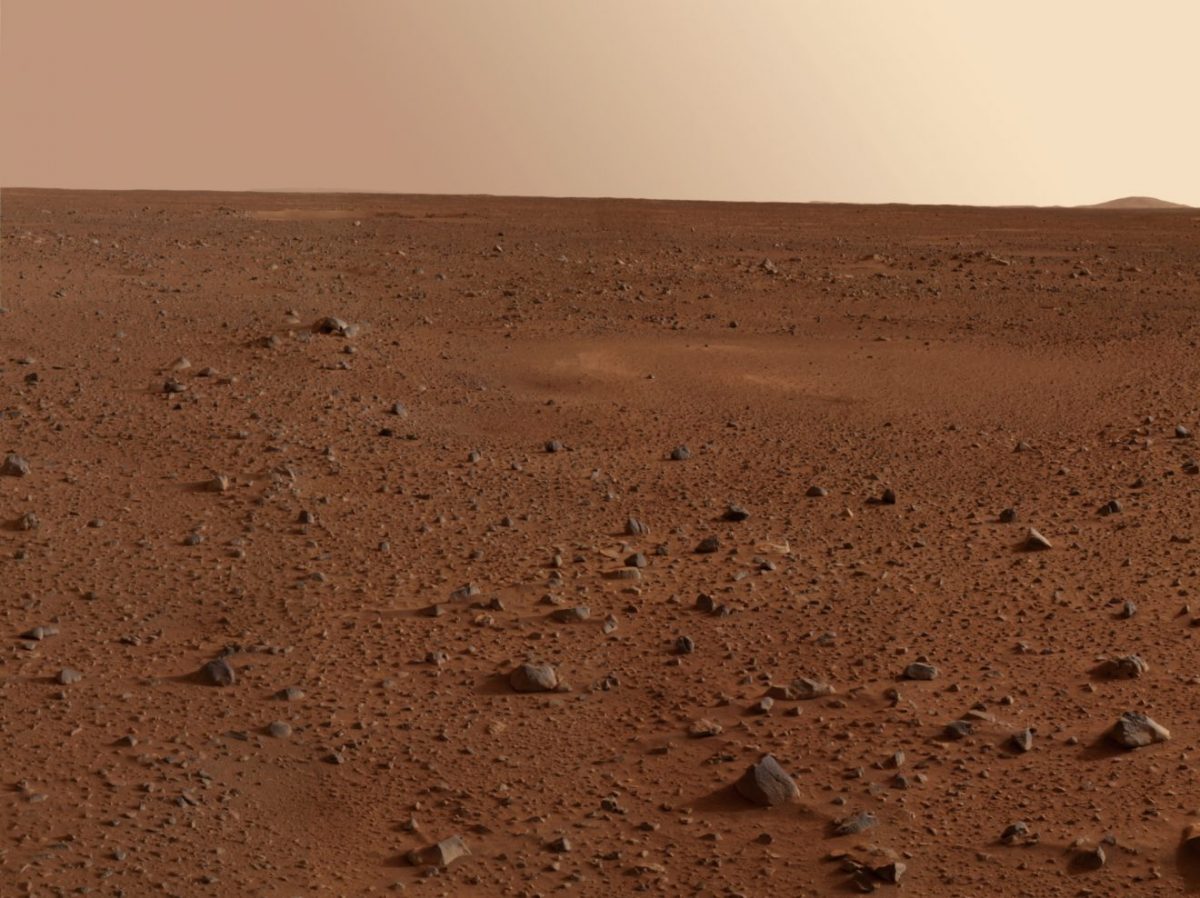 The rocky surface of Mars.