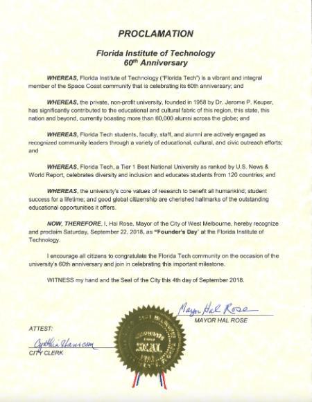Official proclamation from West Melbourne Mayor Hal Rose recognizing Sept. 22, 2018, as Florida Tech Founders Day
