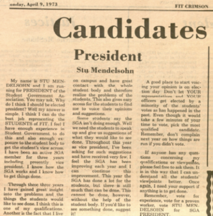 The Crimson story about Stu Mendelsohn's election as SGA president in May 1973