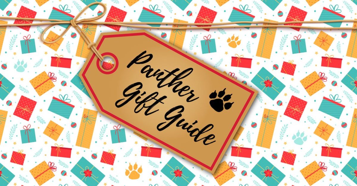 Background of illustrated presents with a gift tag reading "Panther Gift Guide"