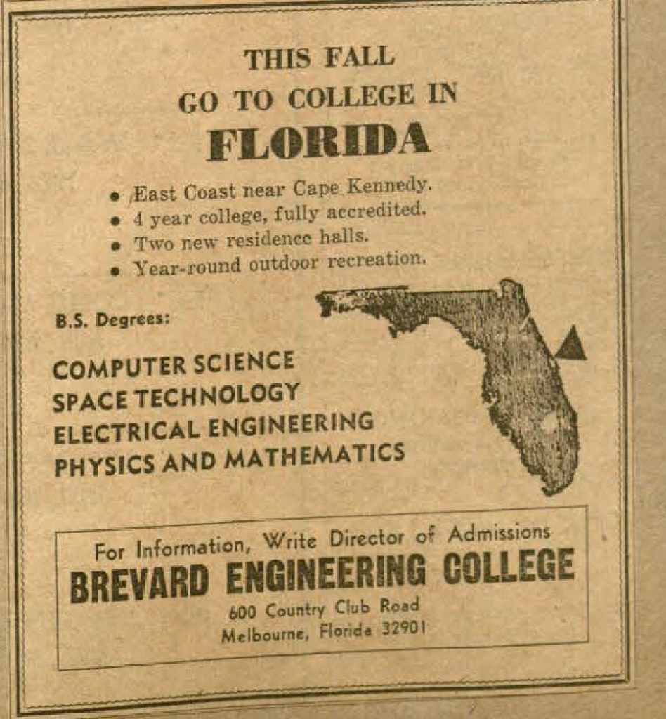 1966 Announcement of Brevard Engineering College's computer science undergraduate degree program