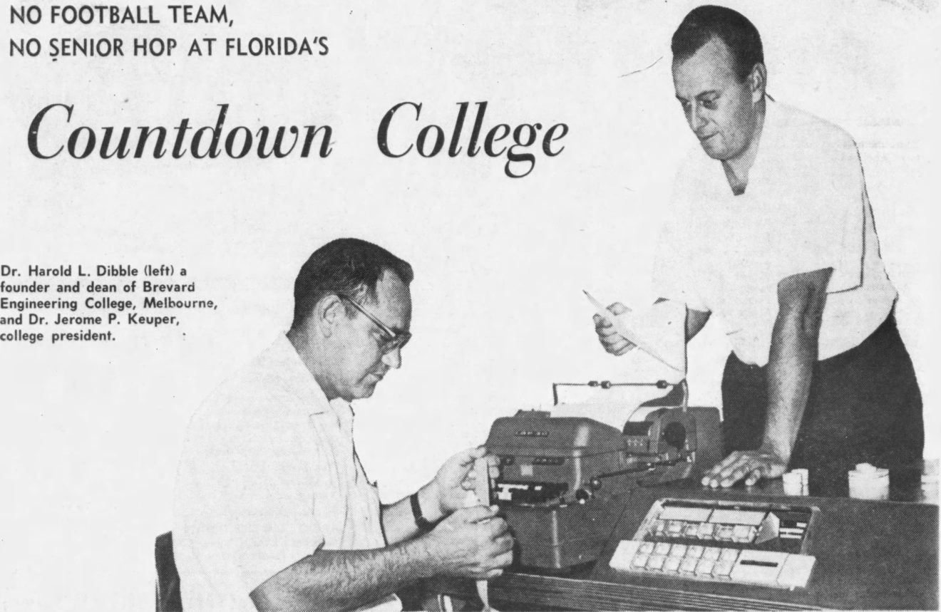 Ad for Florida Tech, or "Countdown College," then Brevard Engineering College, depicting Harold Dibble and founder Jerry Keuper