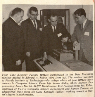 IBMers host computer seminar at Florida Tech in 1967 (Left to Right: James Staley, James Merkel, Edward Robin, an unidentified individual)