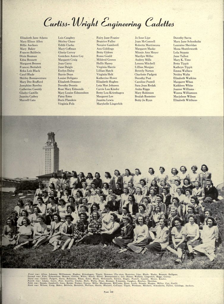 Yearbook page depicting the Curtiss-Wright Engineering Cadettes, including Marybelle Modell (second row, third from the right), director of Florida Tech's first computing center