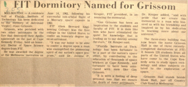 Newspaper article titled "FIT Dormitory Named for Grissom"