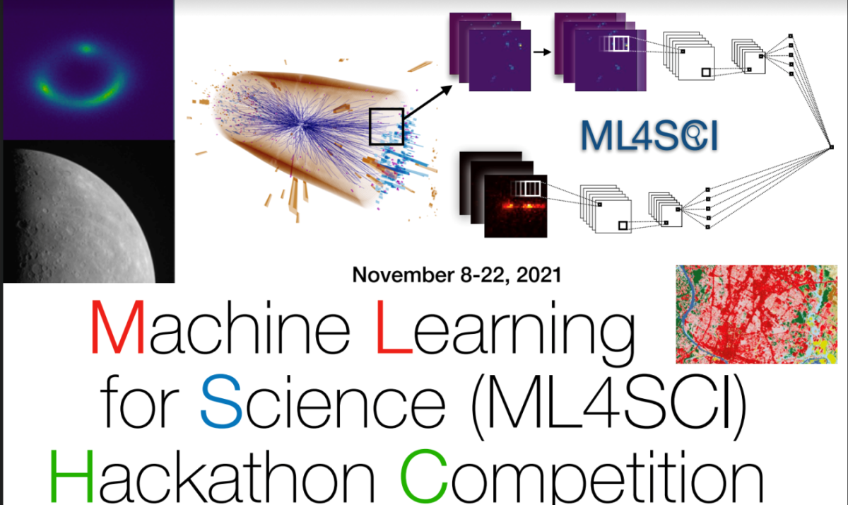 poster with text about the Machine Learning for Science Hackathon, with images of screens and planets.