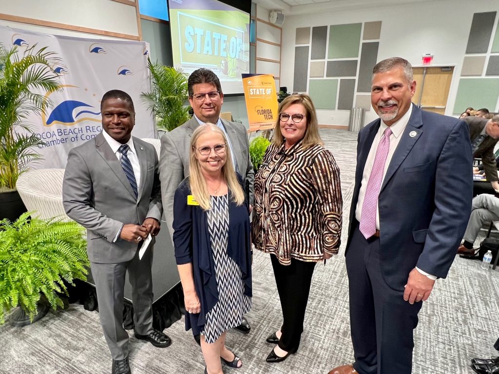 From left: Michael Cadore, executive director of community engagement for external affairs at Eastern Florida State College; Randy Fletcher, vice president for academic and student affairs at Eastern Florida State College; Laurie Cappelli, president and CEO of Community Credit Union; Pam Cavanaugh, associate vice provost, transfer student success, at the University of Central Florida; John Nicklow, president of Florida Tech.